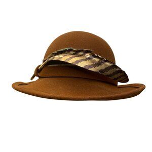 Vintage Adolfo Realités Womens Brown Wool Feather Accent Wide Brim Hat